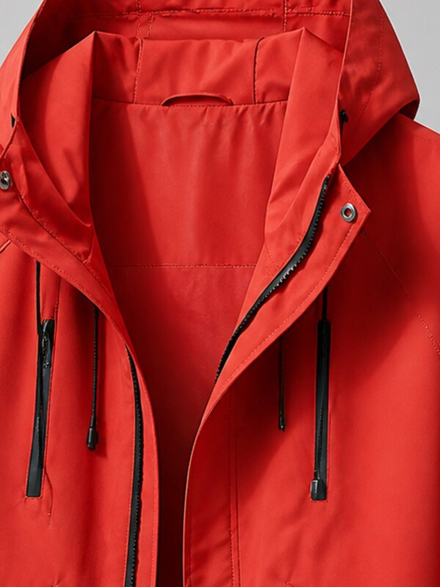 Men'S Hooded Utility Outdoor, Polyester Multi-Pocket Zip Outerwear Fall Travel, Hiking And Daily Wear - Scarlet red