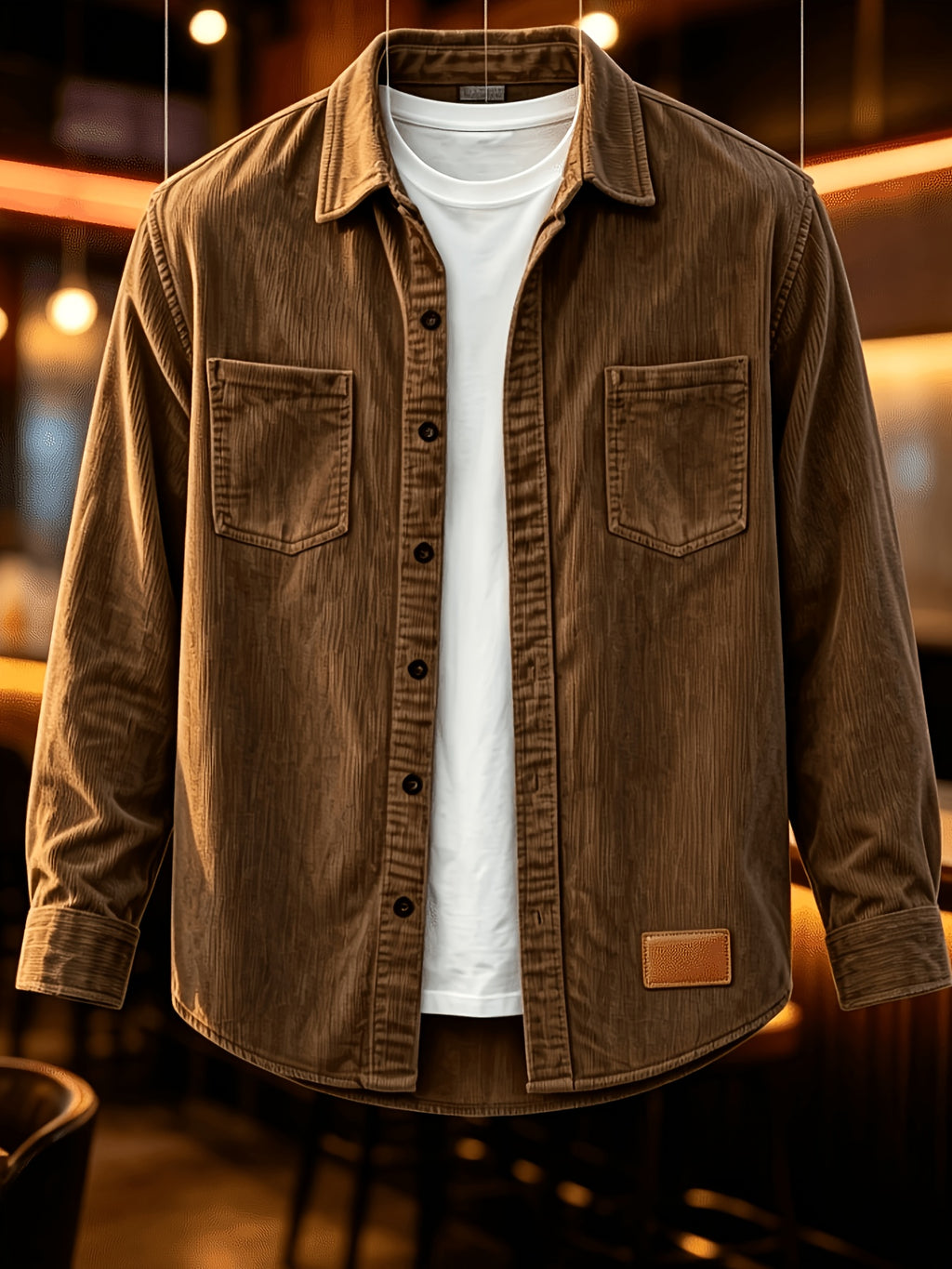 Men'S Fashion Corduroy Solid Color Lapel Shirt, Pocket Embellished Casual Open Front Blouse Men'S Top Shirt - Coffee Color
