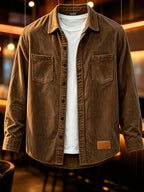 Men'S Fashion Corduroy Solid Color Lapel Shirt, Pocket Embellished Casual Open Front Blouse Men'S Top Shirt - Coffee Color