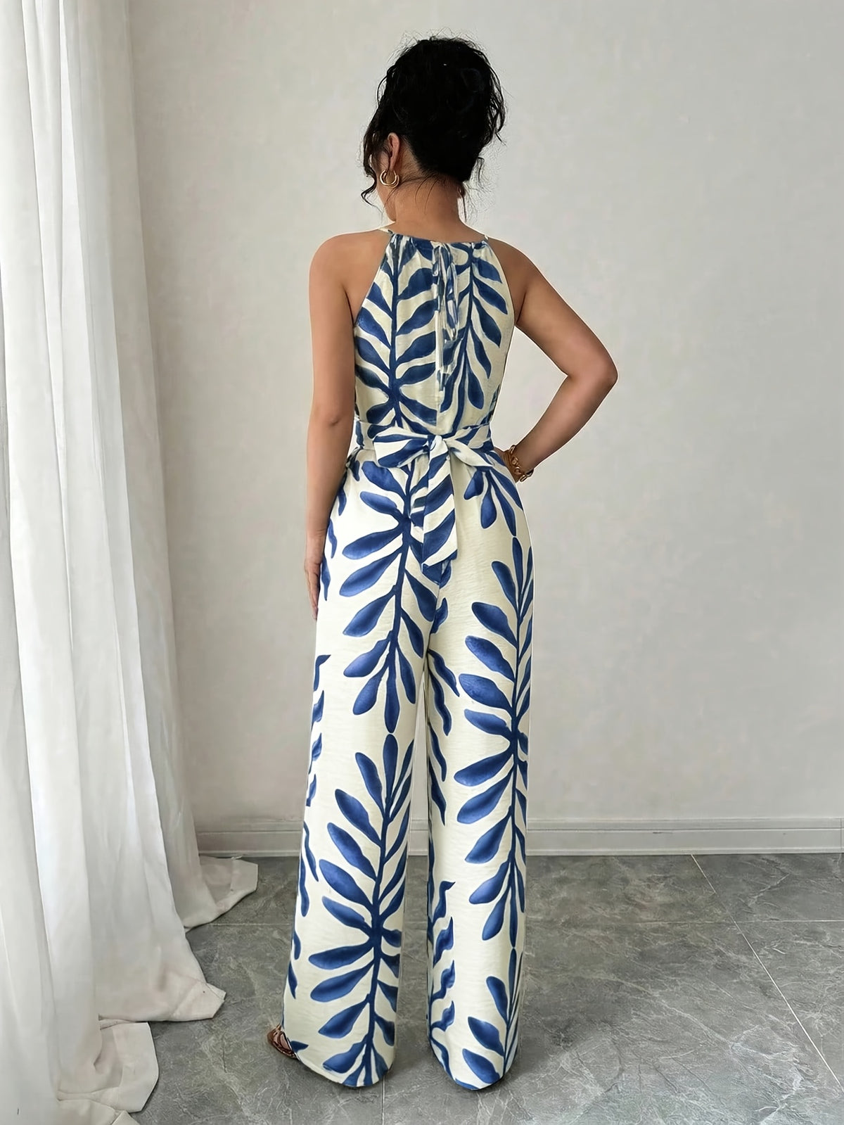 Women's Halter Neck Jumpsuit, Rayon, Soft and Comfortable, Twist Knot Design, Botanical Print, Beaded Embellishment, Simple and Casual - Multicolor 1