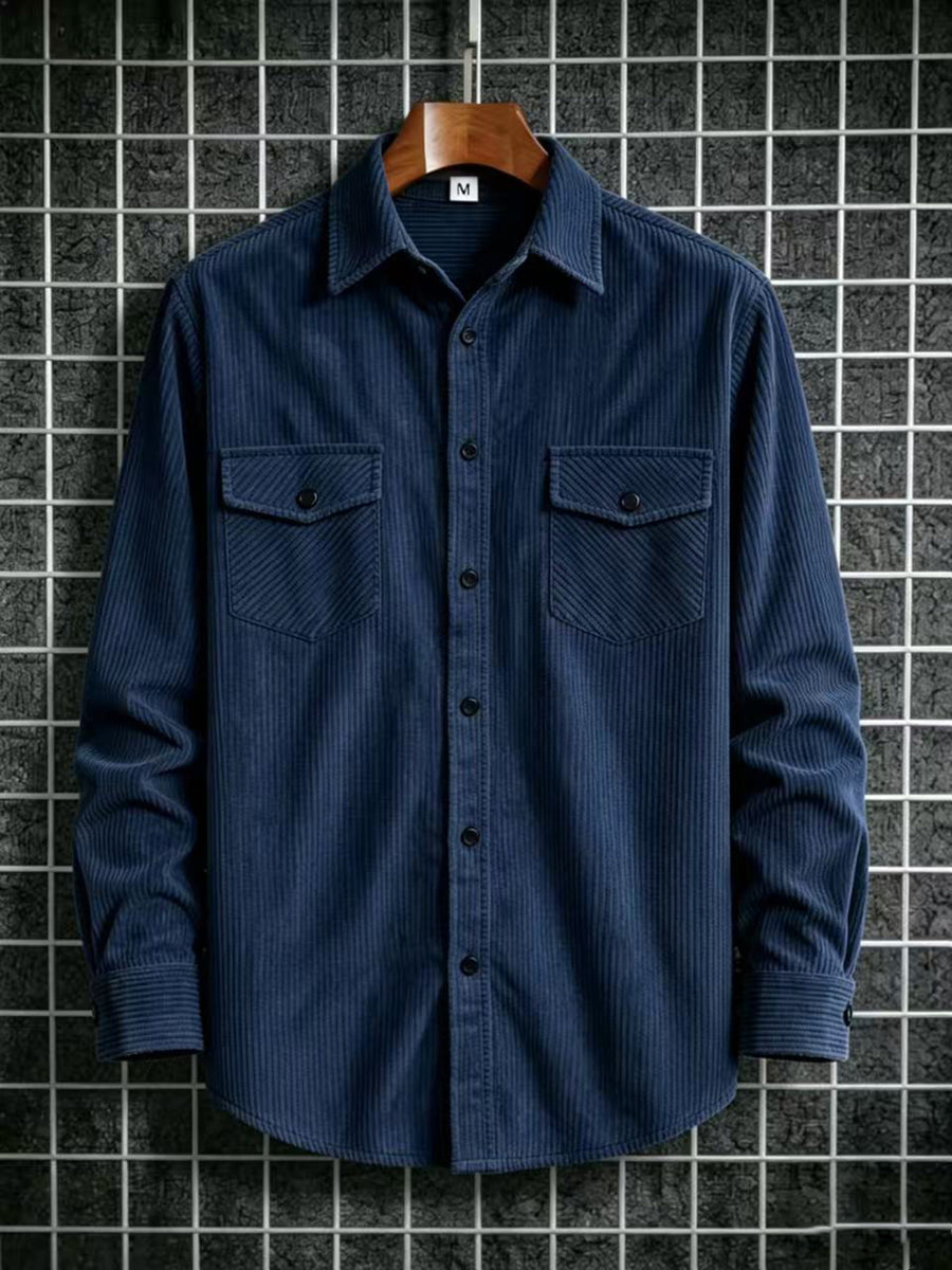 Men'S Fashion Versatile Casual Long-Sleeve Shirt, Multiple Colors Available, Pocket Design Corduroy Top Shirt Jacket - Navy Color