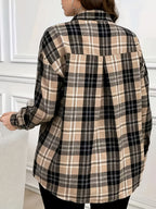 New Women's Plaid Pattern Button-Front Patch Pocket Casual Long-Sleeve Shirt - Classic Versatile Casual Comfortable Four-Season Elegant Shirt - Khaki