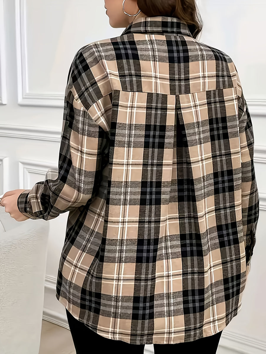 New Women's Plaid Pattern Button-Front Patch Pocket Casual Long-Sleeve Shirt - Classic Versatile Casual Comfortable Four-Season Elegant Shirt - Khaki