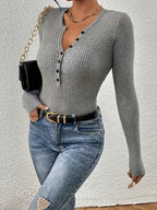 Front button solid ribbed sweater, elegant long-sleeve fitted cardigan, suitable for autumn and winter season, Women's clothing - Space Gray
