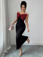 Elegant Romantic Women'S Bridesmaid Dress with Exaggerated Bow, Pearl Thin Straps, Cinched Waist, Straight Silhouette, Suitable for Dates, Gatherings, Parties, Birthdays, And Various Occasions - Black&Red