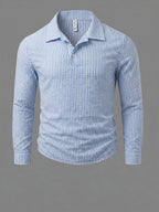 [ROYALBOY] Men'S Random Print Black And White Striped Open Collar Long Sleeve Casual Henley Shirt, Athletic Outdoor Wear Suitable for Daily Commuting, Gatherings, Parties, And Outdoor Activities - Sky Blue