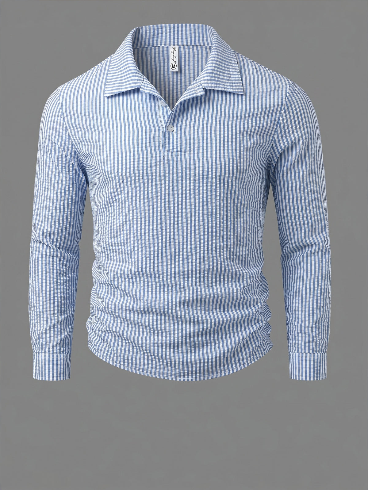 [ROYALBOY] Men'S Random Print Black And White Striped Open Collar Long Sleeve Casual Henley Shirt, Athletic Outdoor Wear Suitable for Daily Commuting, Gatherings, Parties, And Outdoor Activities - Sky Blue