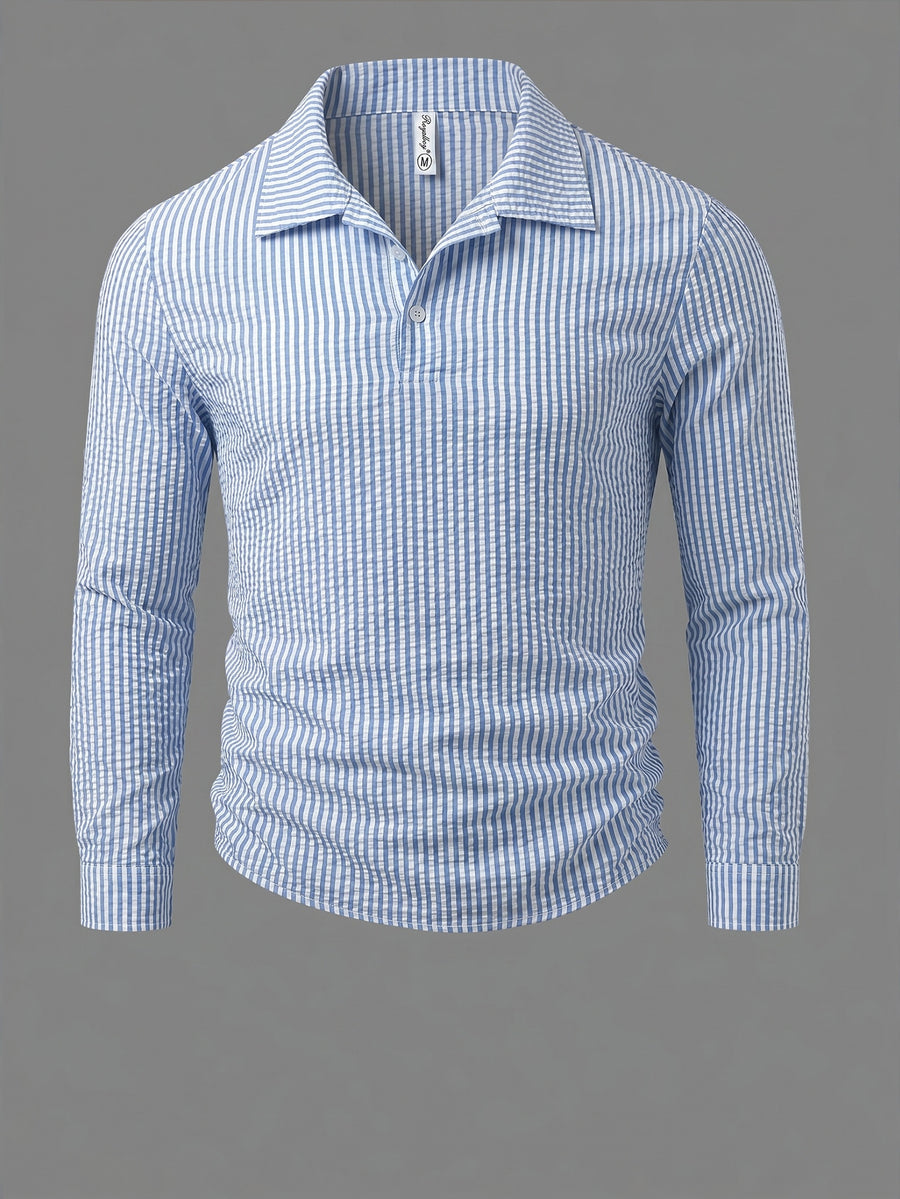 [ROYALBOY] Men'S Random Print Black And White Striped Open Collar Long Sleeve Casual Henley Shirt, Athletic Outdoor Wear Suitable for Daily Commuting, Gatherings, Parties, And Outdoor Activities - Sky Blue