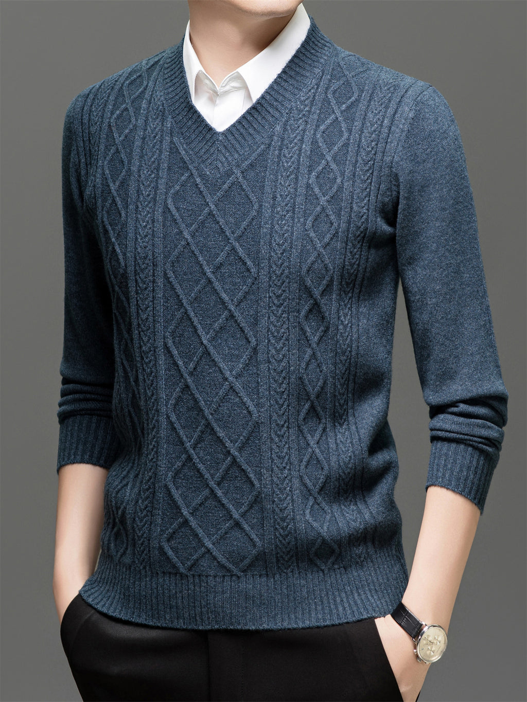 Men's Solid Color V-Neck Sweater - Basic Knit Pullover Sweater Suitable for Fall/Winter, Warm Casual Long-Sleeve Knitwear, Hand Washable V-Neck Sweater for Office & Casual Attire, All Sizes S - blue gray