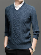 Men's Solid Color V-Neck Sweater - Basic Knit Pullover Sweater Suitable for Fall/Winter, Warm Casual Long-Sleeve Knitwear, Hand Washable V-Neck Sweater for Office & Casual Attire, All Sizes S - blue gray