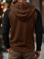ROYALBOY Textured Jacquard Fabric Contrast Color Pleated Ribbed Sleeves Drawstring Design Fashionable Outdoor Casual Hooded Sportswear Top, Autumn Menswear - Coffee Color