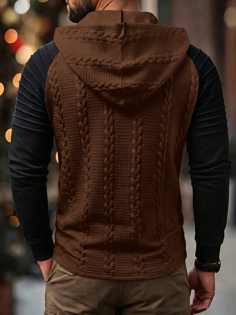 ROYALBOY Textured Jacquard Fabric Contrast Color Pleated Ribbed Sleeves Drawstring Design Fashionable Outdoor Casual Hooded Sportswear Top, Autumn Menswear - Coffee Color