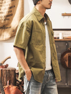 Men's Casual Short Sleeve Shirt, Blend Workwear Button Shirt with Multi Pockets, Solid Color Loose Fit, Breathable Summer Tops for Outdoor Daily WearMen's Multi-Pocket Short Sleeve Work Shirt, Casual Loose Fit Blend Button Shirt for Daily & Outdoor - Olive Green