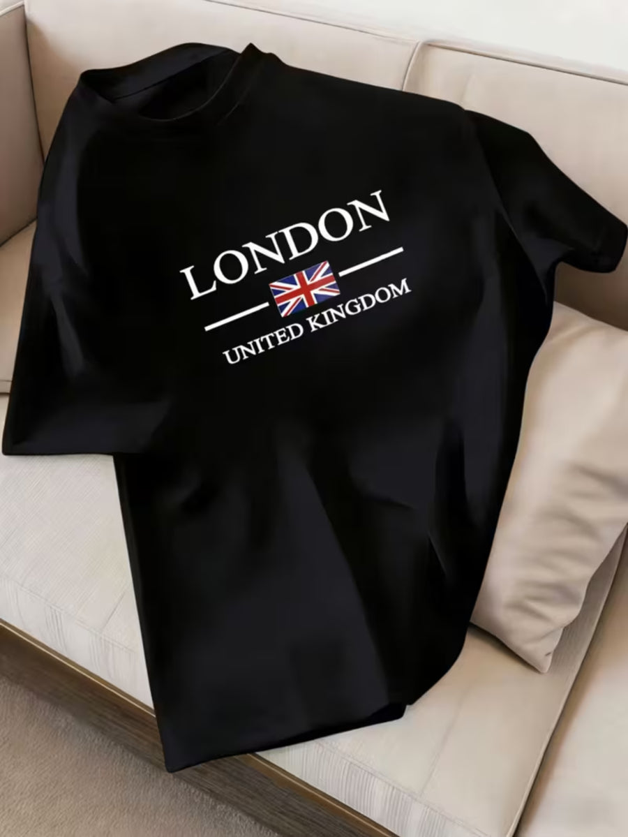 Simple British Style LONDON Letter Print T-Shirt, Men's New Summer Casual Crew Neck Top for Daily Commuting - Black