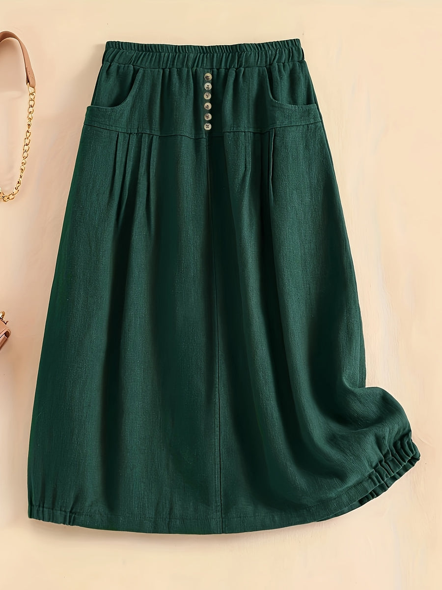 New Spring Summer Autumn Thin Korean Style Linen Loose Half Skirt with Pockets, Elastic Waist Linen Dress, Mid-Length Lantern Hem Women'S Skirt - Dark Green
