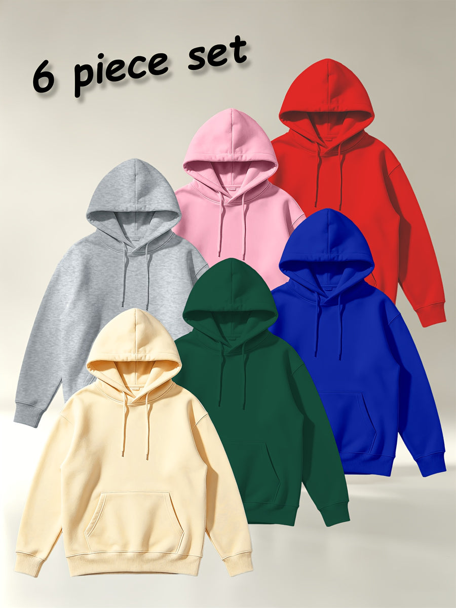 [Villa Joy Water OBM] 6pcs Set Solid Color Basic Hooded Sweatshirt Set Unisex Multi-Color Loose Pullover with Kangaroo Pocket Basic Style Autumn Winter Hoodie Combination - Apricot + Dark Green + Royal Blue + Light Gray + Pink + Red