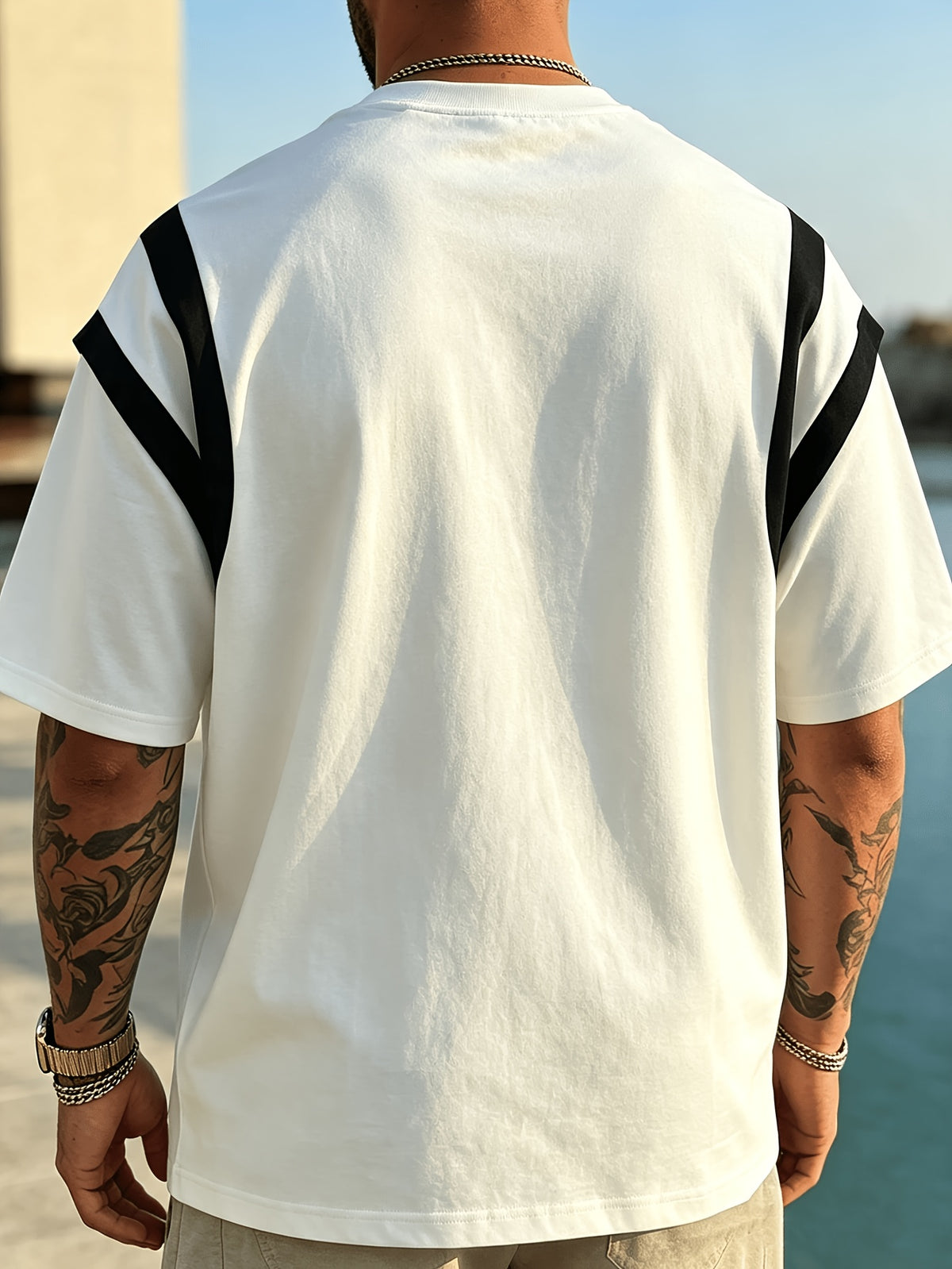 Men'S White And Black Color-Block Round Neck Short Sleeve T-Shirt, Men'S Summer Easy Casual Top, Daily Commute Outdoor Leisure Wear, Men'S T-Shirt - White