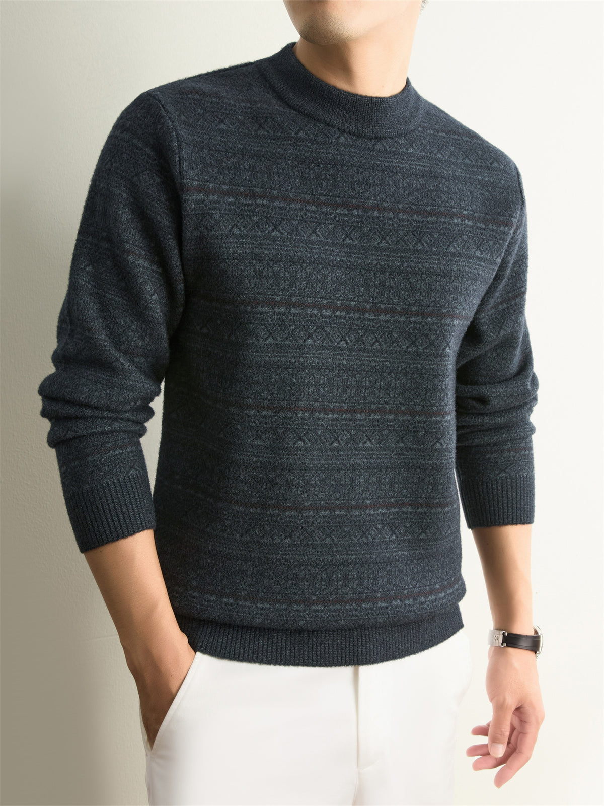 Autumn Winter Knit 3D Solid Round Neck Sweater, Basic Knit Pullover Top for Men, Fashionable Long Sleeve Sweater, Size Y - Deep Gray
