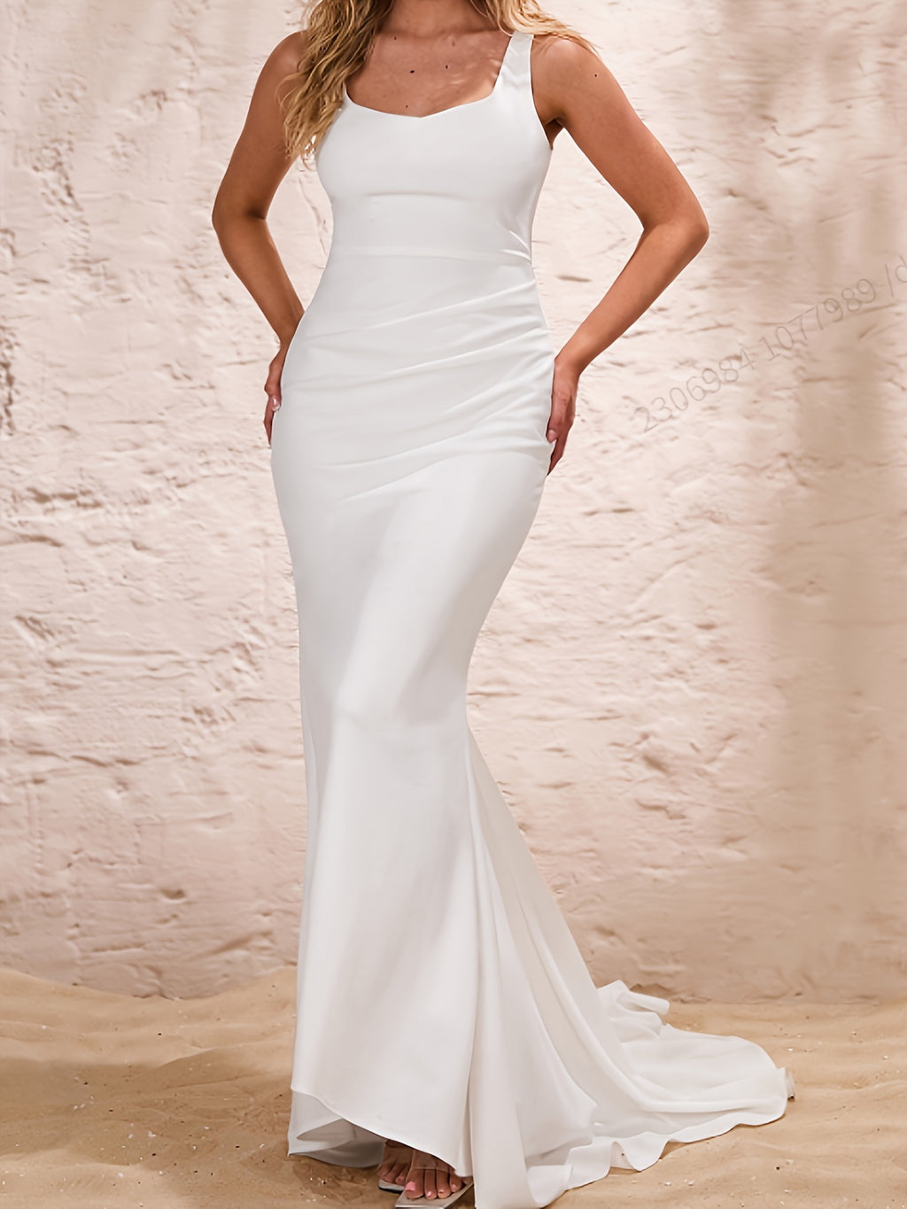 Elegant Women's Fashion Spaghetti Strap Bodycon Backless Mermaid Gown Dress, Suitable for Parties, Dates, Dinner Parties, and Wedding Events - White