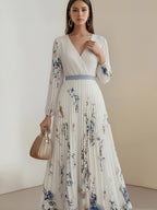2026 Autumn Women'S Bow Tie Lace Floral Print V-Neck Long Sleeve Waist-Cinching Pleated Elegant Classic Dress, Banquet Evening Dress, Wedding Guest, Bridesmaid, Long Dress - Multicolor