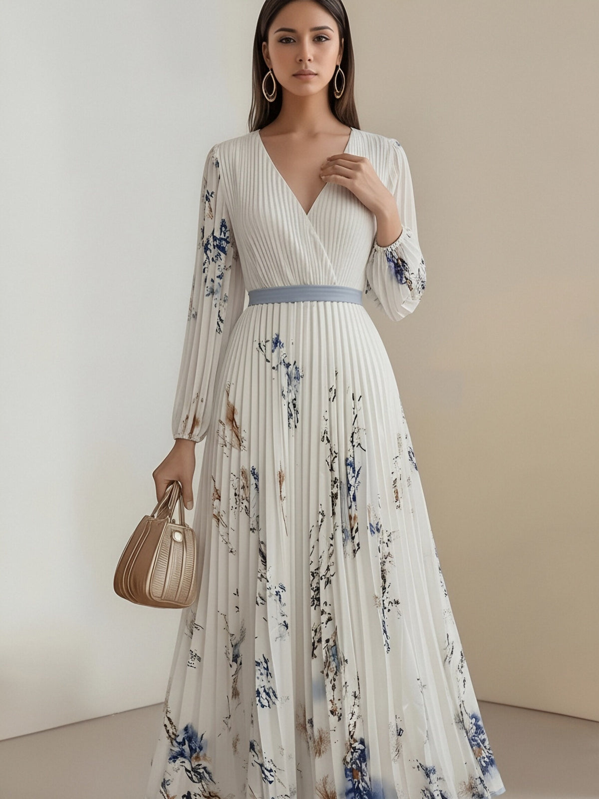 2026 Autumn Women'S Bow Tie Lace Floral Print V-Neck Long Sleeve Waist-Cinching Pleated Elegant Classic Dress, Banquet Evening Dress, Wedding Guest, Bridesmaid, Long Dress - Multicolor