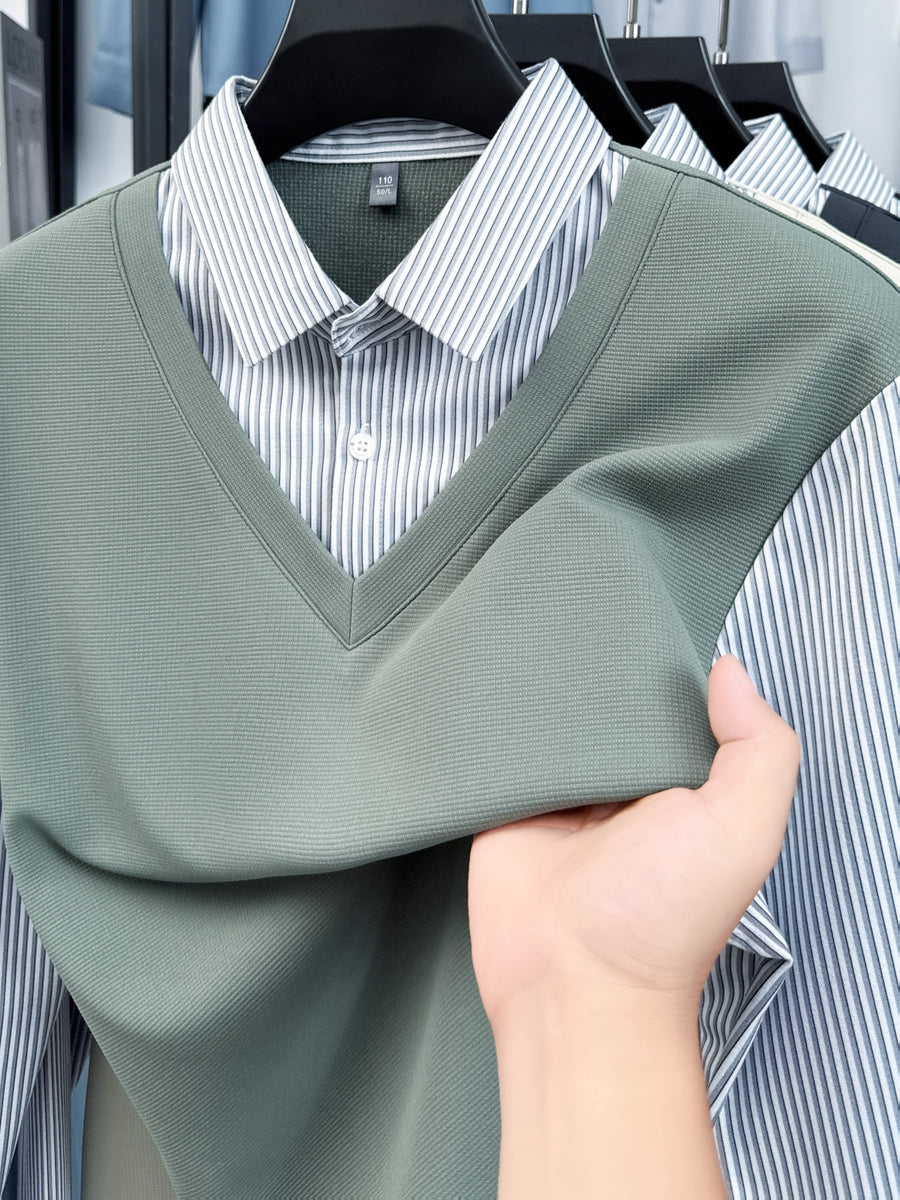 Men's Stretch 2-in-1 Look Polo Long Sleeve Shirt, Striped Shirt Collar Patchwork Polo Top, Smooth, Fine, and Skin-Friendly Fabric, Business Commute, Business Trip, and Travel Top, Loose and Casual Men's Clothing for Daily Wear and Home - Green