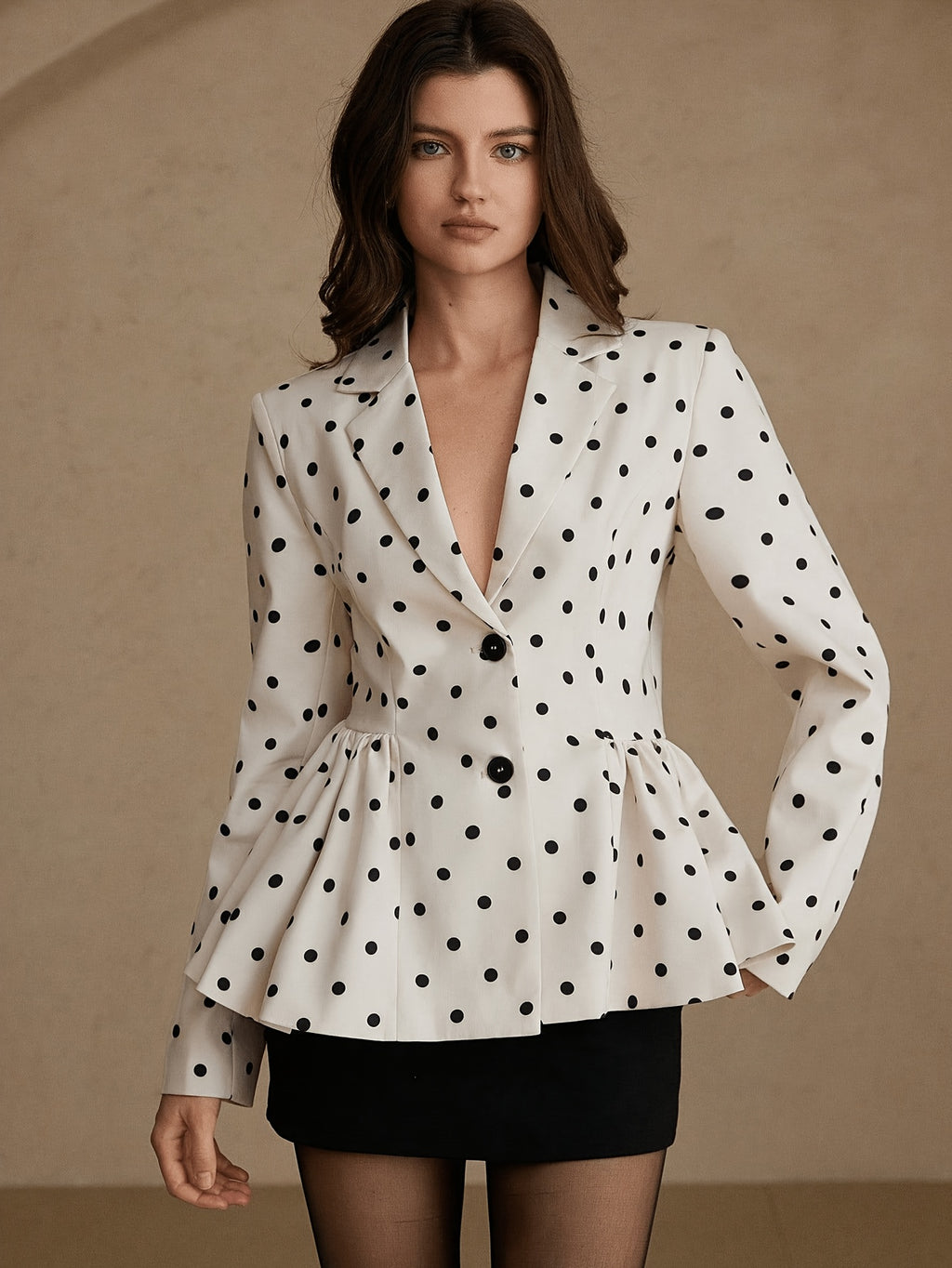Polka Dot Printed Suit Jacket, Waist-Cinching Puff Sleeve Lapel Long Sleeve Temperament Women'S Suit Coat - Multicolor
