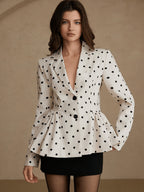 Polka Dot Printed Suit Jacket, Waist-Cinching Puff Sleeve Lapel Long Sleeve Temperament Women'S Suit Coat - Multicolor
