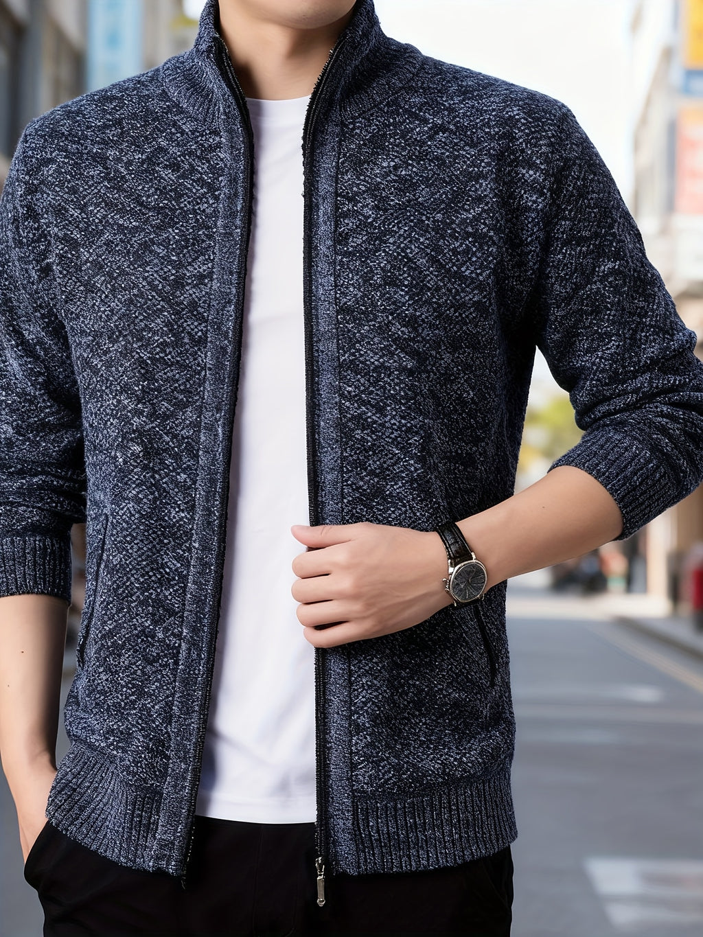 1pc Men's Knitted Cardigan Stand up Collar Jacket with Multiple Colors to Choose From, Simple and Stylish Design, Easy to Match with Shirt/T-shirt, Perfect for Commuting and Leisure, Showcasing Elegant Temperament (only One Jacket) - Navy Color