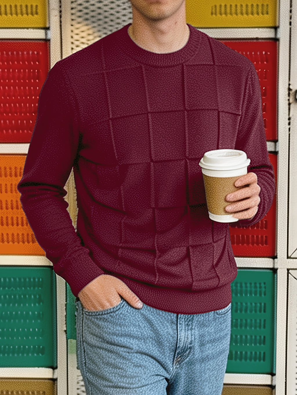 Men'S Round Neck Plaid Textured Knit Sweater, Long Sleeve Soft Lightweight Pullover, Suitable for Business Casual Wear - Purple Red
