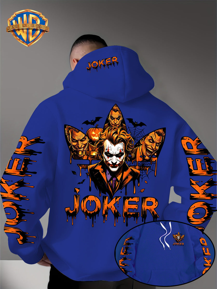 Warner Official - Men's Fashion Hoodie Sweatshirt, Halloween-themed Bat and Spiderweb Hand-Drawn Graffiti Suit Joker with Three Different Evil Smile Expressions Joker Head + "JOKER" Lettering Creative Pattern Print, Soft and Skin-Friendly Fabric - Blue