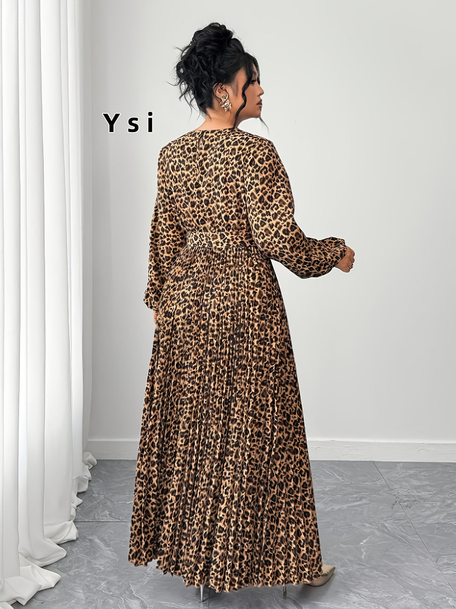 Elegant Leopard Print Long Sleeve Dress | Pleated Waist, Crew Neck with Rhinestone Details, Perfect for Spring/Summer/Fall - Camel