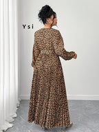 Elegant Leopard Print Long Sleeve Dress | Pleated Waist, Crew Neck with Rhinestone Details, Perfect for Spring/Summer/Fall - Camel