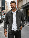 Men's Corduroy Shirt - American Retro Solid Color Long Sleeve Shirt for Men, Casual Wrinkle-Resistant Non-Iron Corduroy Shirt with Two Pockets, Trendy Versatile Corduroy Jacket for Sports, Outdoor, and Daily Wear. - Grey