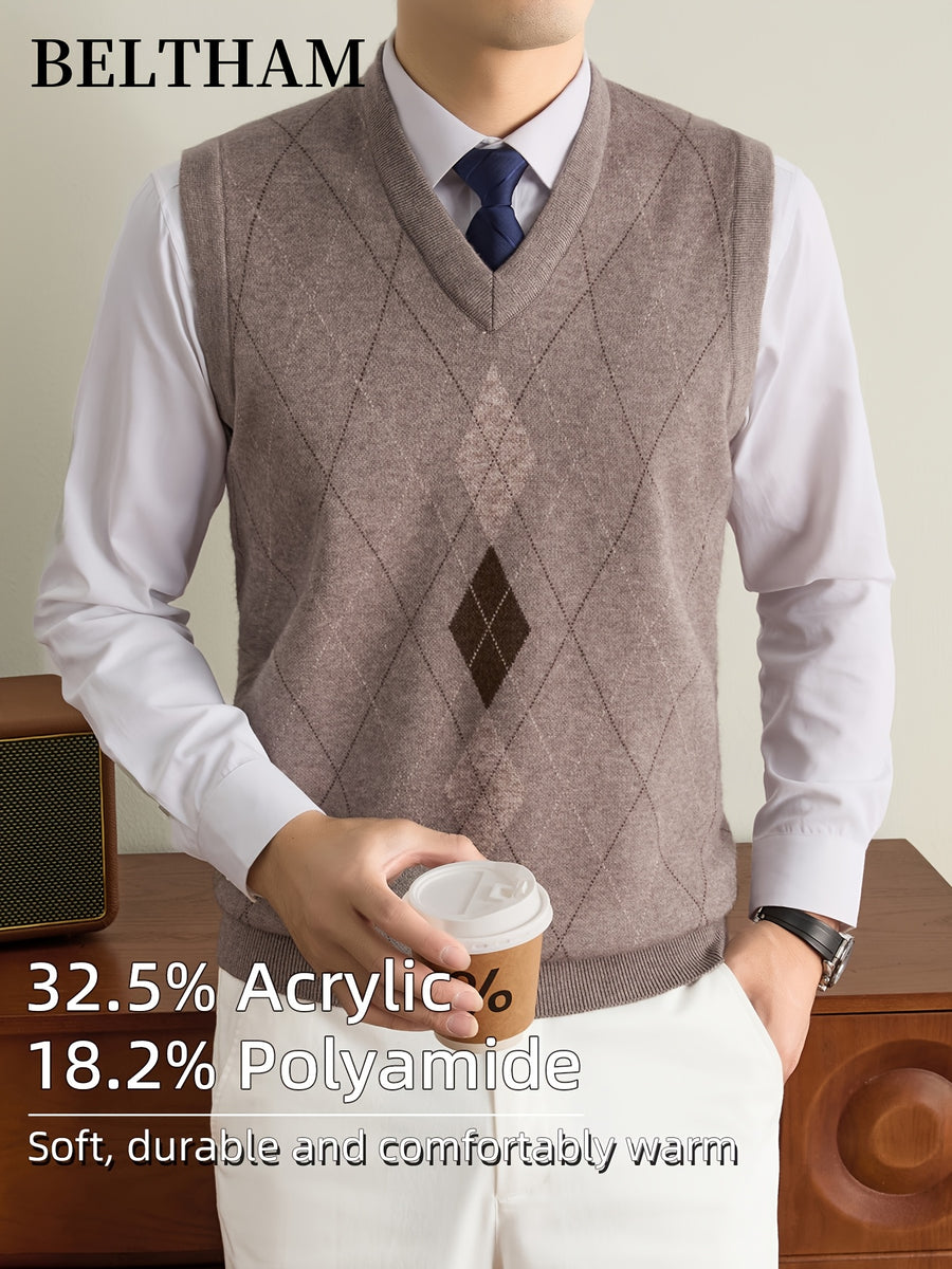 New Autumn Winter Men Sleeveless Knit Vest, Ideal Gift for Dad And Husband, V Neck Pullover Design, Warm Cold Resistant Soft Comfortable Sweater Waistcoat, Minimal Elegant Versatile Top for Daily Casual Business Sports Camping Wear - Camel