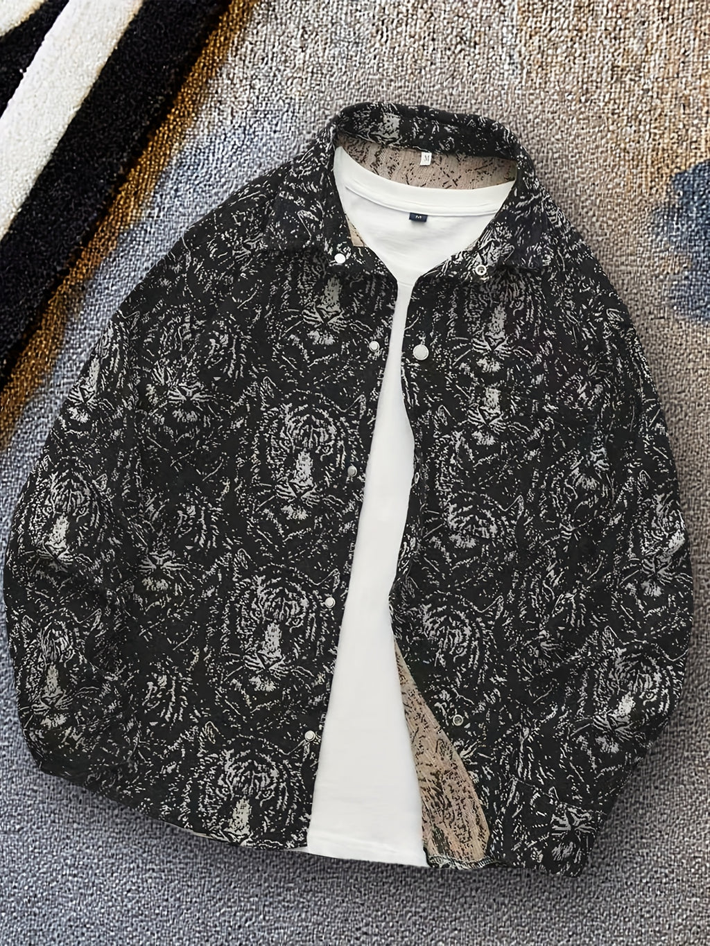 Men'S American Retro All-Over Floral Woven Teddy Bear Shirt Jacket, Men'S Autumn Premium Trendy Brand Bad Boy Influencer Casual Shirt - Black Tiger Head