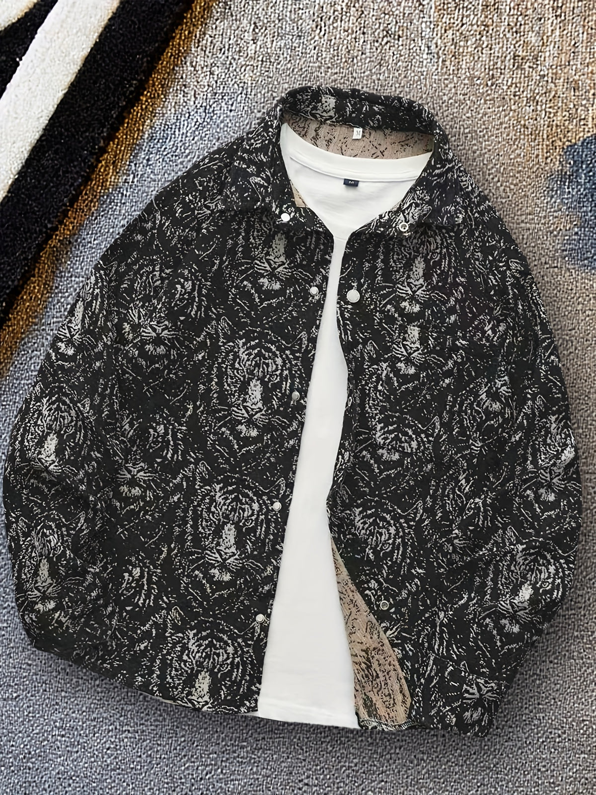 Men'S American Retro All-Over Floral Woven Teddy Bear Shirt Jacket, Men'S Autumn Premium Trendy Brand Bad Boy Influencer Casual Shirt - Black Tiger Head
