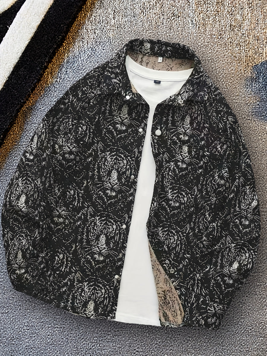 Men'S American Retro All-Over Floral Woven Teddy Bear Shirt Jacket, Men'S Autumn Premium Trendy Brand Bad Boy Influencer Casual Shirt - Black Tiger Head