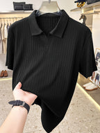 Men'S Vertical Striped V-Neck Knit Shirt, Summer Lapel Men'S Short-Sleeved T-Shirt, Solid Color Striped POLO Shirt, Casual Business Versatile Top, Commuting Men'S Clothing, Temperament Men'S Top - Black