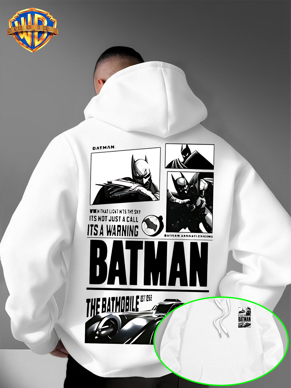 Warner Bros. Authorized American Dark Superhero Retro Batman Comic Poster Print Hooded Sweatshirt, with Adjustable Drawstring, Comfortable And Warm, Fashionable And Versatile Men'S Casual Sweatshirt, Suitable for Autumn And Winter Wear - White