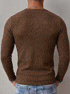 ROYALBOY Men's Autumn New Textured Two-Tone Striped Fabric Deep V-Neck Long Sleeve Outdoor Fashion Sports Top - Coffee Color