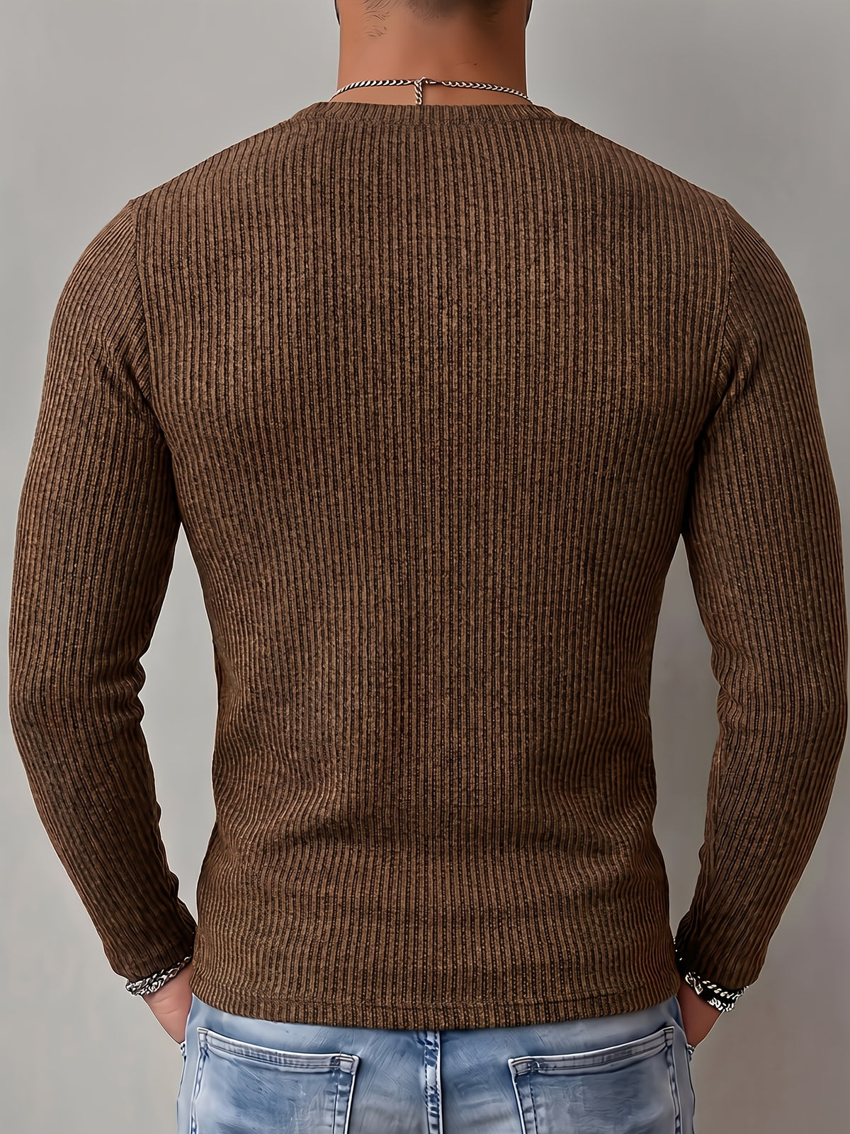 ROYALBOY Men's Autumn New Textured Two-Tone Striped Fabric Deep V-Neck Long Sleeve Outdoor Fashion Sports Top - Coffee Color