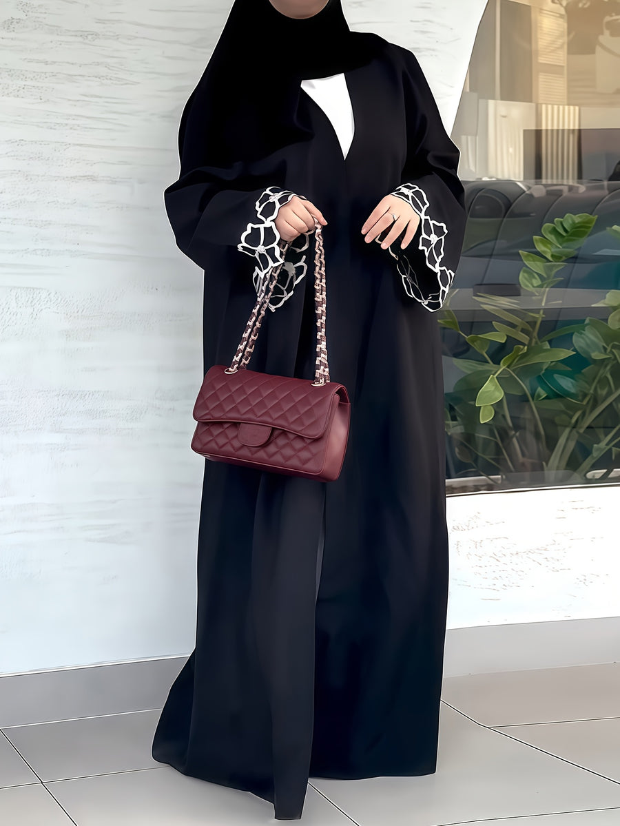 1pc Women's Elegant Floral Embroidered Saudi Arabian Abaya - Open Front Long Sleeve Loose Fit Islamic Dress, Middle Eastern Traditional Attire for Daily Wear, Vacation, Parties & Gatherings, Muslim Dress - Black