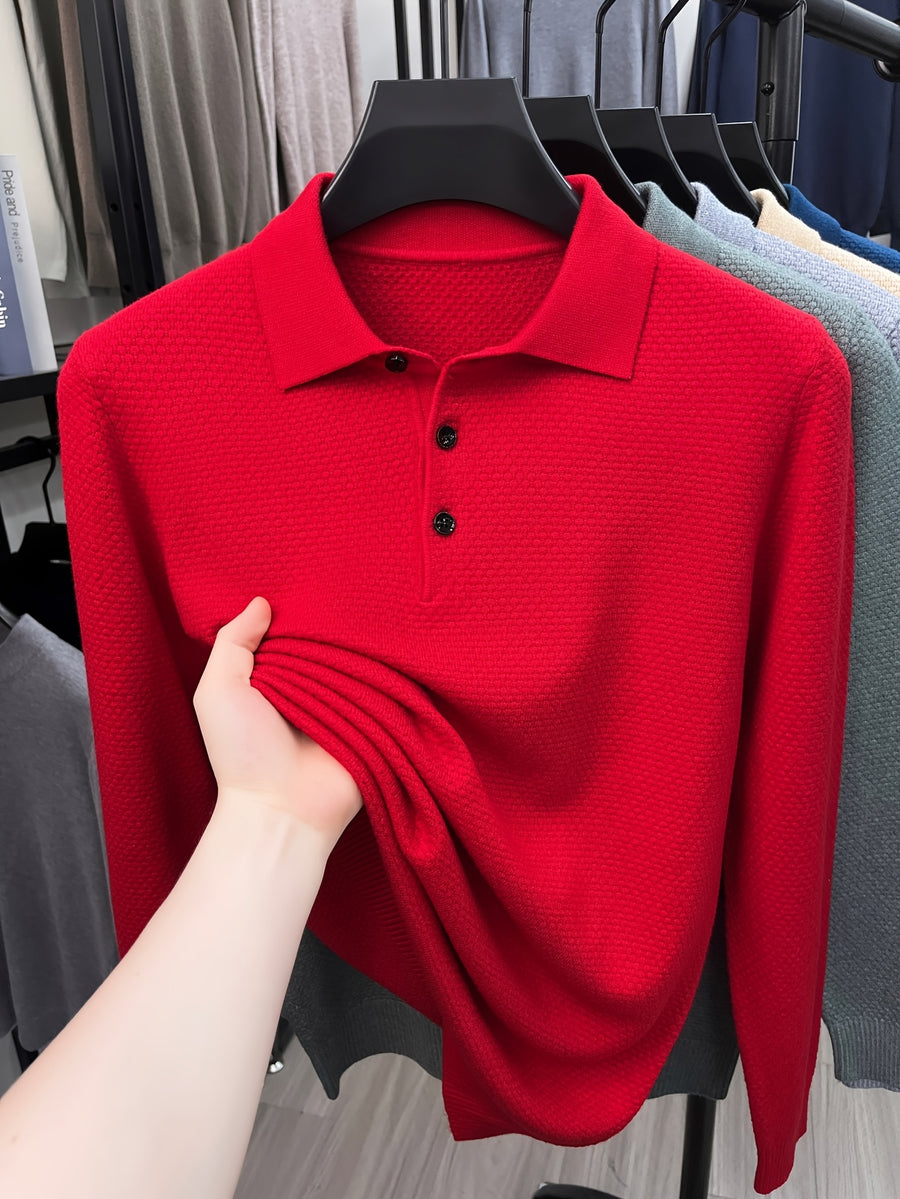 Autumn Men'S Long Sleeve T-Shirt Long Sleeve Pineapple Needle Lapel Business Casual Solid Color POLO Shirt - Bright Red