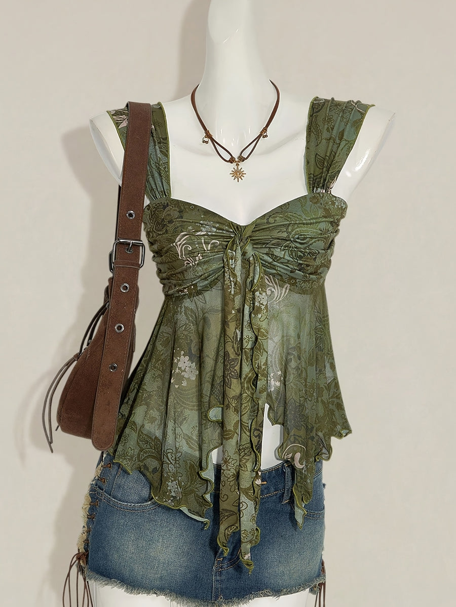 Women'S Ditsy Floral Asymmetrical Hem Cute Floral Top, Cute Summer Top Autumn Women'S Wear Niannian - Green