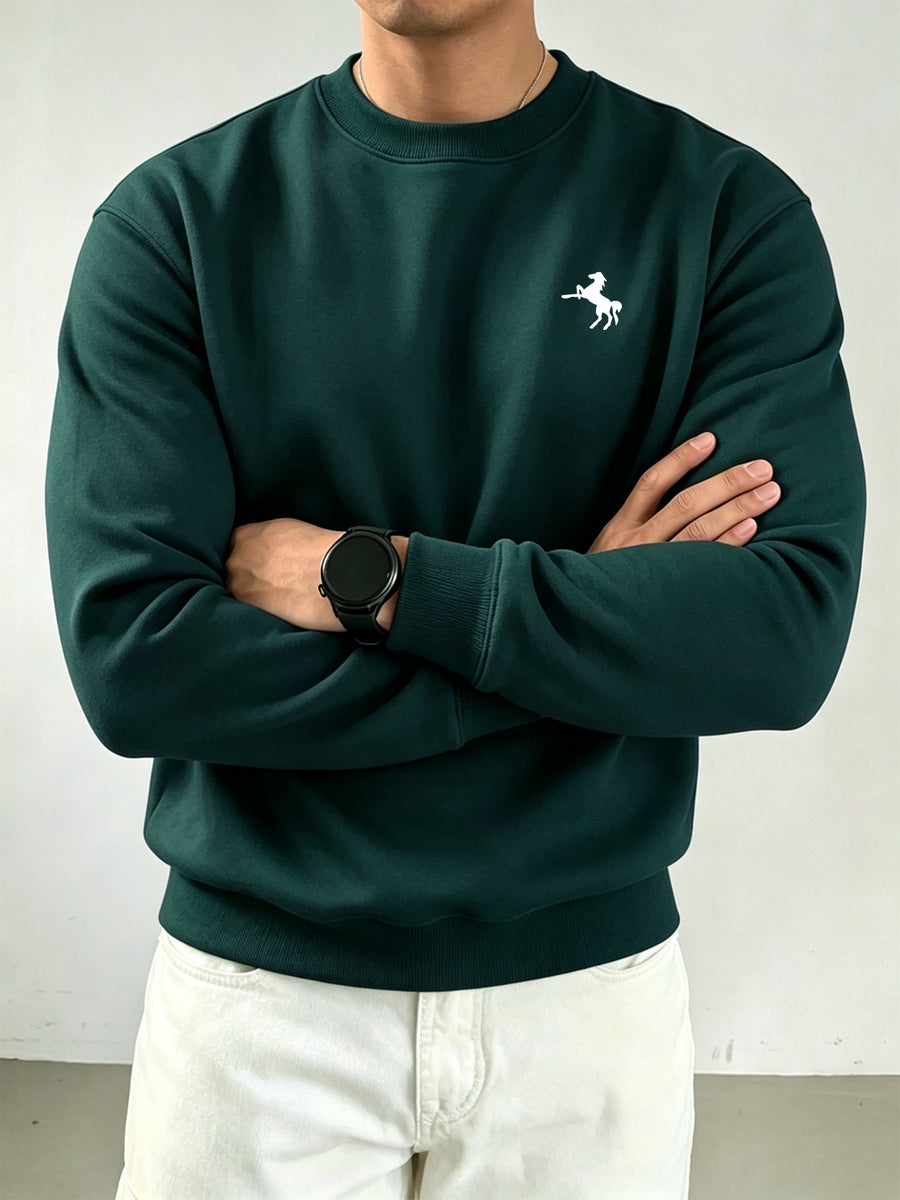 Men's Basic Crew Neck Sweatshirt with Small Galloping Horse Print on Left Chest, Casual Long Sleeve Loose Fit Versatile Solid Color Pullover Sport Sweatshirt - Green