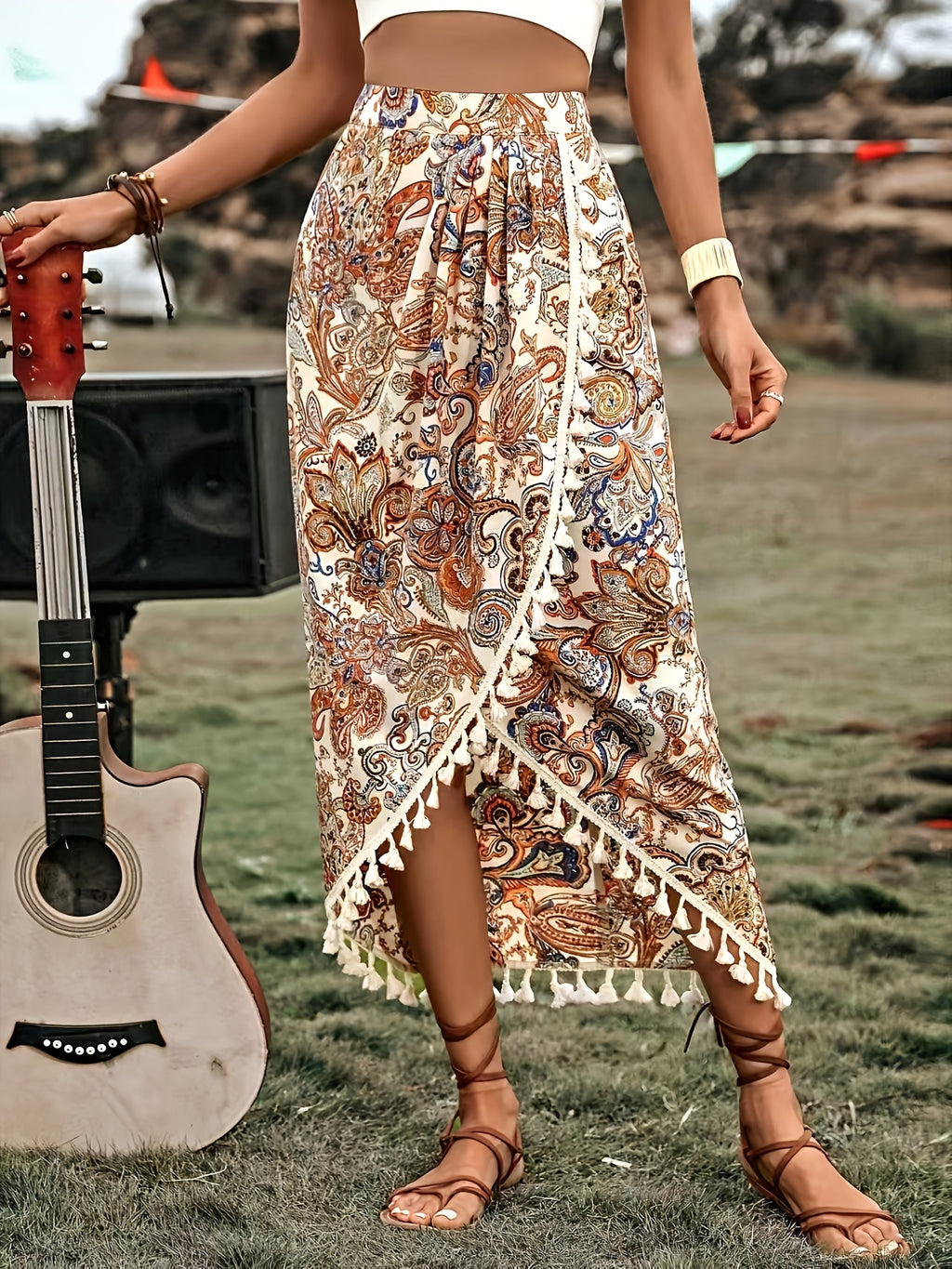 AK260309035 Paisley Pattern Fringe Hem Wrap Hem Maxi Dress, Women's Autumn Vacation Beachwear Fabric - Multicolor