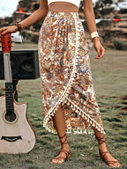 AK260309035 Paisley Pattern Fringe Hem Wrap Hem Maxi Dress, Women's Autumn Vacation Beachwear Fabric - Multicolor