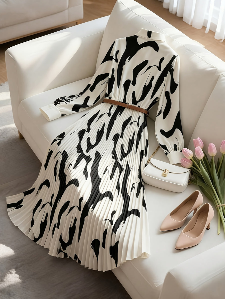 Spring Summer Women'S New Style Shirt Collar Long Sleeve Abstract Print Dress, Waist-Cinching Pleated Flared Long Skirt, Casual Commute Vacation Style Versatile Dress with Belt - White