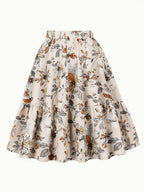 Women'S Summer Beige Base Vintage Floral Elastic Waist Ruffle A-Line Flared Midi Skirt - White